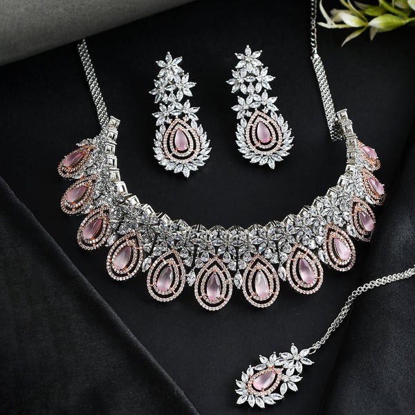 Cz Elegance Leaf Shaped Silver Necklace Set – VOYLLA