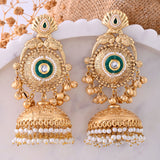 Antique Opulance Statement Green Chandbali Jhumka Earrings