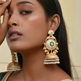 Antique Opulance Statement Green Chandbali Jhumka Earrings