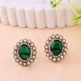 Antique Opulance Elegant Green Stone Statement Stud Earrings