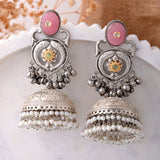 Antique Opulance Elegant Pink Statement Chandbali Jhumka Earrings