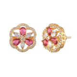 Sparkling Elegance Gold-Plated Dark Pink Floral Stud Earrings