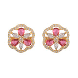 Sparkling Elegance Gold-Plated Dark Pink Floral Stud Earrings