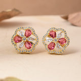 Sparkling Elegance Gold-Plated Dark Pink Floral Stud Earrings