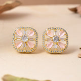 Sparkling Elegance Gold-Plated Pastel Pink Floral Stud Earrings