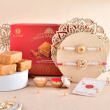White Pearls And Colourful Gems Traditional Men's Rakhis With Chana Badam Barfi 250 Gms