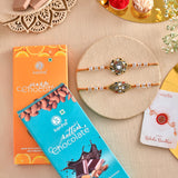Gemstones And Beads Embellished Men's Thread Rakhis With Orange And Nutty Chocolate Bar