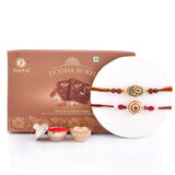 Traditional And Divine Motifs Pack Of 2 Thread Rakhis With Doda Barfi 200 Gms