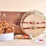 Traditional And Divine Motifs Pack Of 2 Thread Rakhis With Doda Barfi 200 Gms