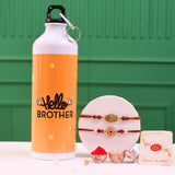 Traditional And Divine Motifs Pack Of 2 Thread Rakhis With Hello Brother Bottle