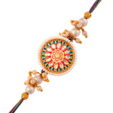 White Pearls And Faux Kundan Thread Rakhi For Brother