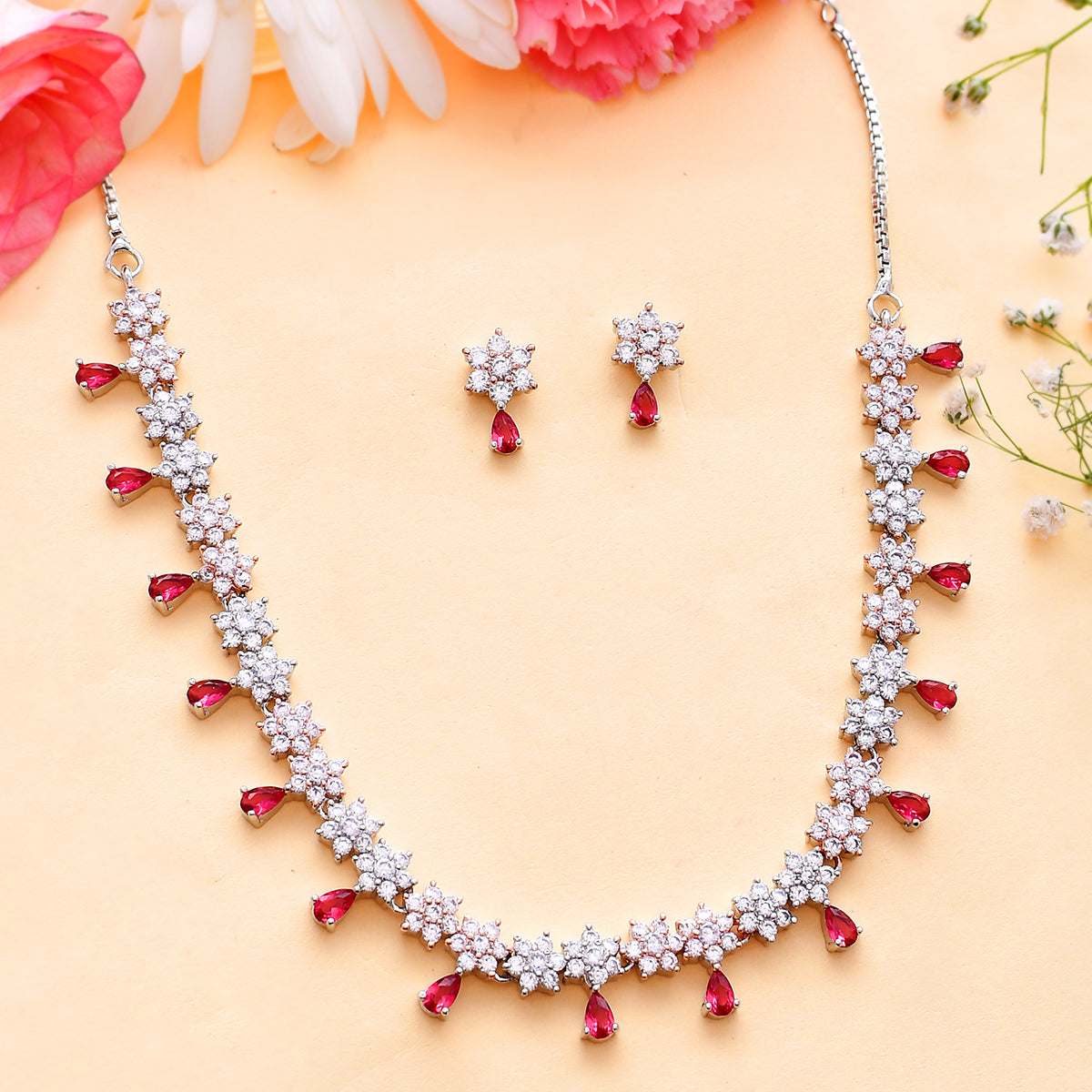 Pink CZ Diamonds Necklace Set With Earrings Sparkling Jewelry 