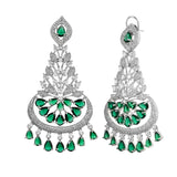 Sparkling Crescent Green Dangler Earrings with American Diamond