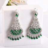 Sparkling Crescent Green Dangler Earrings with American Diamond