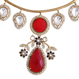 Hasli Elegant Red Kundan-Studded Golden Necklace Set