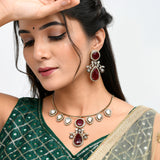 Hasli Elegant Red Kundan-Studded Golden Necklace Set