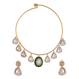 Hasli Regal Radiance Green Kundan Embellished Golden Necklace Set