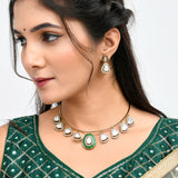 Hasli Regal Radiance Green Kundan Embellished Golden Necklace Set