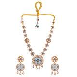 Hasli Elegant Long Blue Floral Kundan Studded Golden Necklace Set