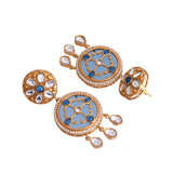 Hasli Elegant Long Blue Floral Kundan Studded Golden Necklace Set