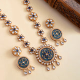 Hasli Elegant Long Blue Floral Kundan Studded Golden Necklace Set