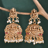 Gold Opulence Lakshmi Rajmudra Temple Jhumka Earrings