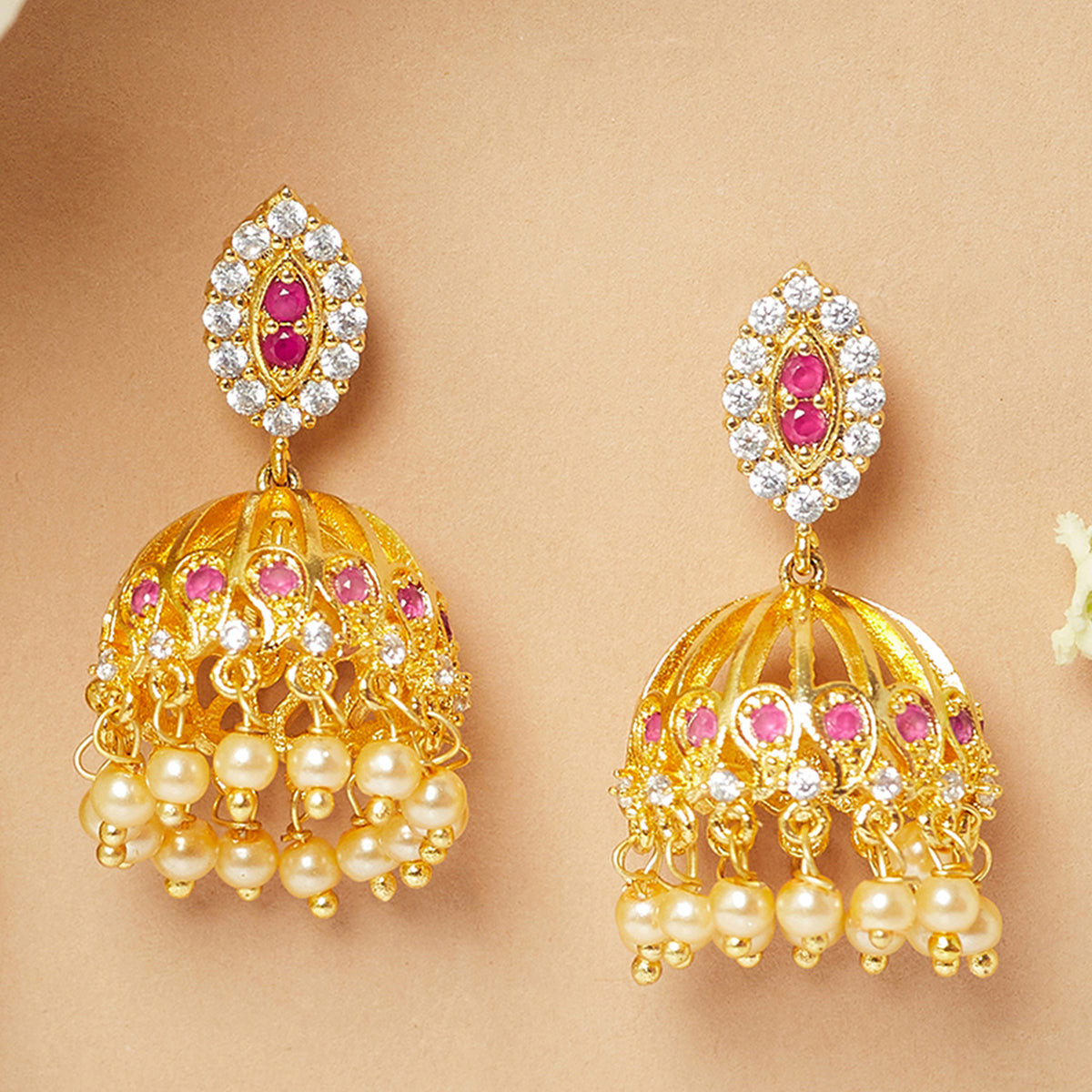 CZ Traditional Gold Plated Red & White Jhumka Earrings – VOYLLA