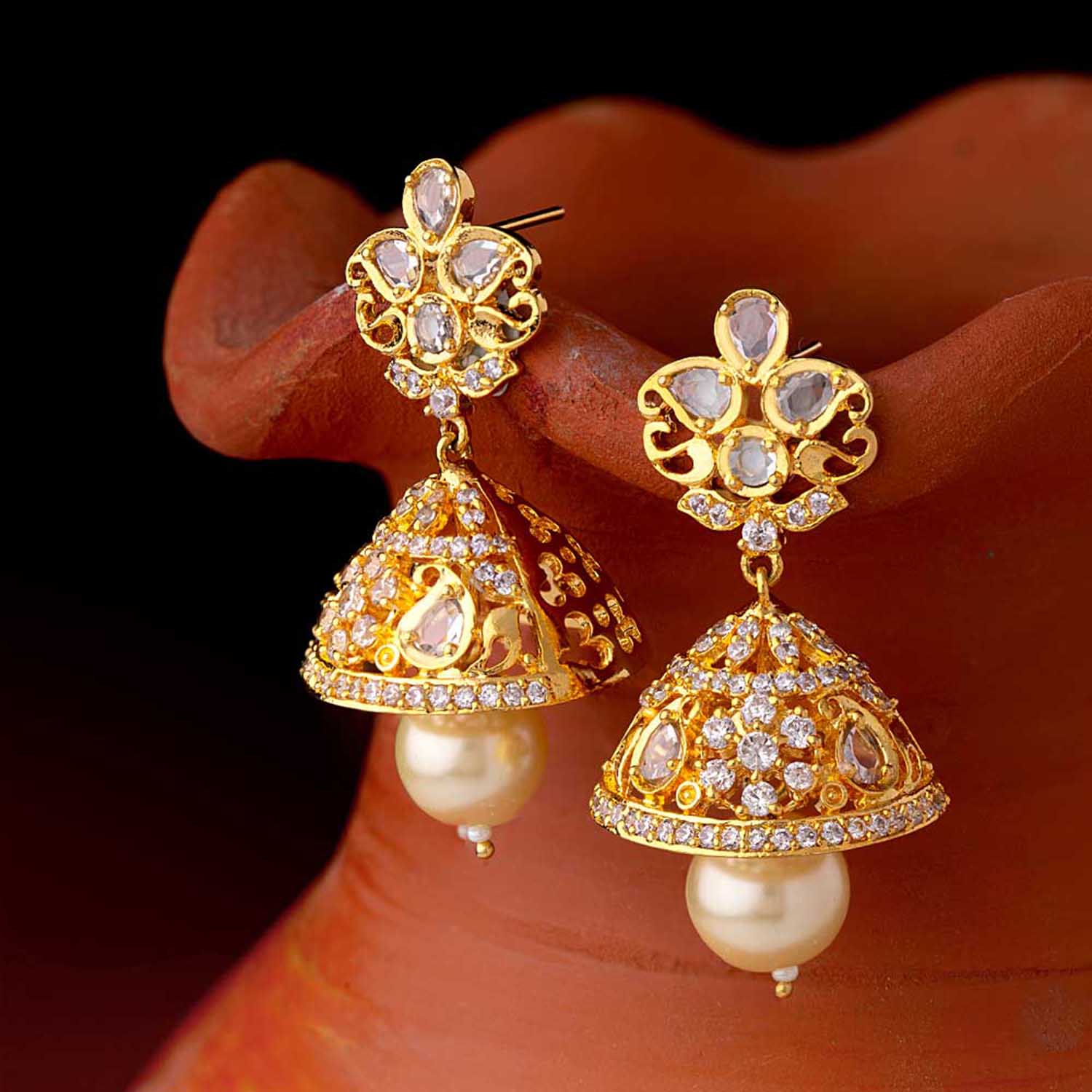 Shiny Stone Studded Golden Earrings – VOYLLA