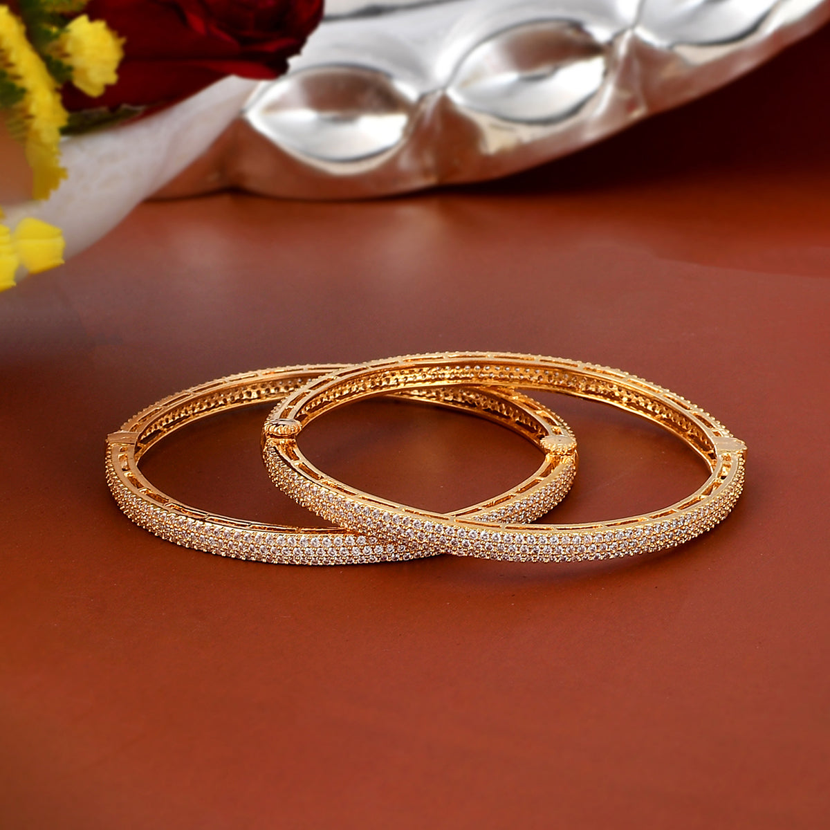 Sparkling Elegance Diamond Shaped Cutwork Gold Plated Bangles – VOYLLA