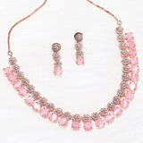 CZ Rose Gold Plated Necklace Set with Pink Stones