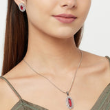 Sparkling Elegance Red Stone Silver Plated Pendant Set