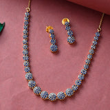 Sparkling Elegance Floral Blue Round Cut Zircons Brass Gold Plated Jewellery Set