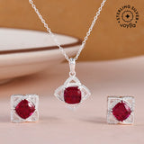 CZ Embellished And Red Stone Studded Sterling Silver Pendant Set