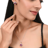 CZ Embellished And Red Stone Studded Sterling Silver Pendant Set