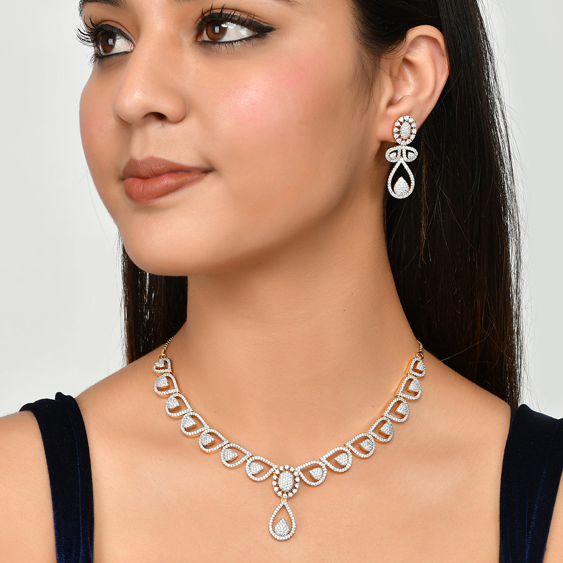 925 silver ad stone necklace designs leaf model with matching earrings 48  grms  Swarnakshi Jewelry