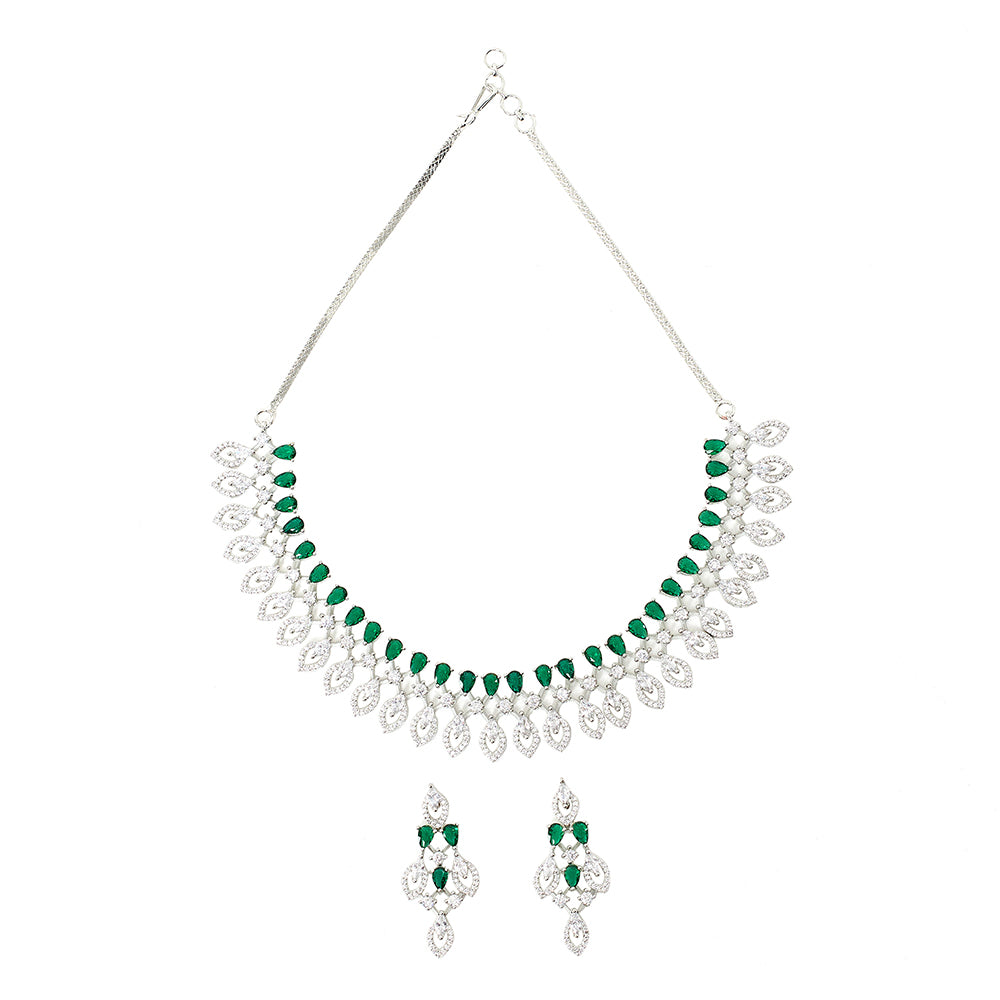 Green and White Teardrop Zircons Silver Plated Brass Jewellery Set 