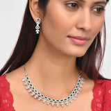 Floral Motif Teardrop and Round Cut Zircons Embellished Brass Silver Toned Jewellery Set