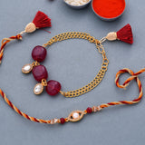CZ Embellished Elegant Rakhi With Bracelet Style Lumba studded with Red beads