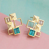 Blue Square Gold Geomatrix Earrings