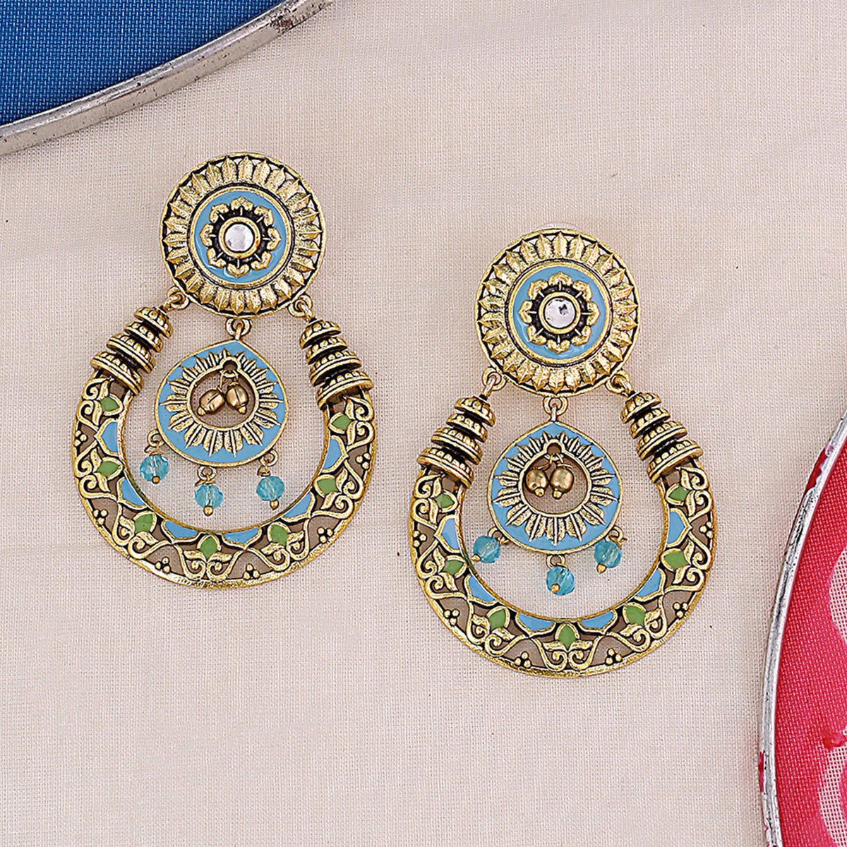 Buy Voylla Silver Plated & Blue Oxidised Dome Shaped Drop Earrings -  Earrings for Women 7629318 | Myntra
