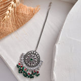 Abharan Ethnic White and Green Stones Maang Tika