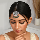 Abharan Ethnic White and Green Stones Maang Tika