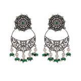 Abharan Jaali Pattern White Pearls and Green Stones Earrings