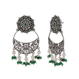 Abharan Jaali Pattern White Pearls and Green Stones Earrings