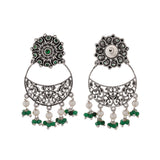 Abharan Jaali Pattern White Pearls and Green Stones Earrings