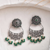 Abharan Jaali Pattern White Pearls and Green Stones Earrings