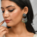 Abharan Jaali Pattern White Pearls and Green Stones Earrings