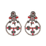 Abharan Floral Motif Teardrop Cut Red Stones and Pearls Drop Earrings