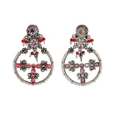 Abharan Floral Motif Teardrop Cut Red Stones and Pearls Drop Earrings