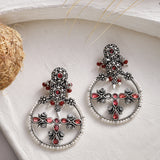 Abharan Floral Motif Teardrop Cut Red Stones and Pearls Drop Earrings